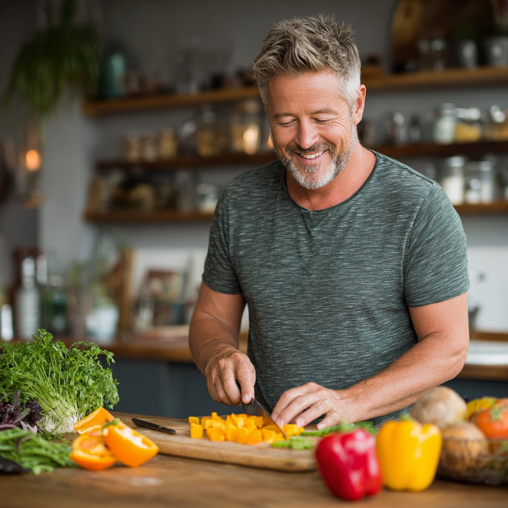 Happy middle-aged man in his 50s preparing fresh vegetables in a bright kitchen, smiling while cutting colorful peppers