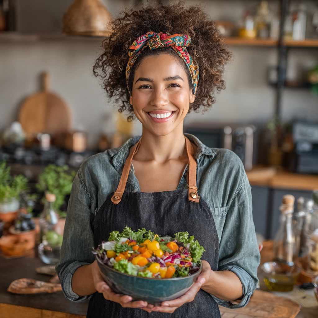Professional woman in her 40s smiling while holding a colorful healthy salad bowl in a modern kitchen