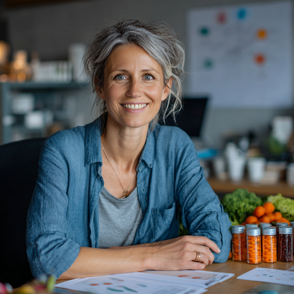 Smiling nutritionist woman in her 40s sitting at a desk with healthy food samples and consultation materials in a professional office setting